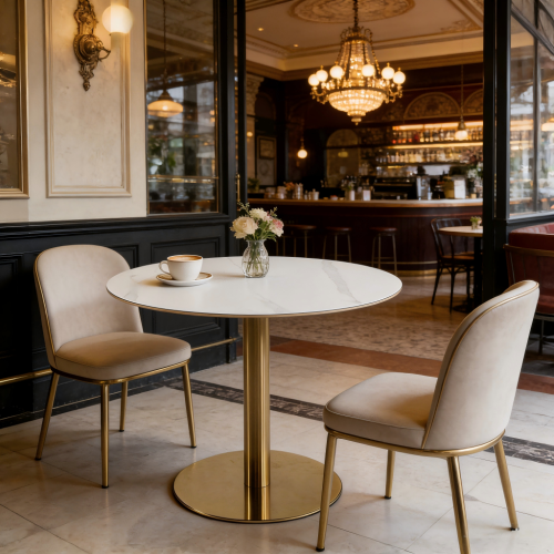 Apresentando nossa luxuosa mesa redonda de pedra sinterizada – perfeita para residências e espaços comerciais