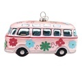 Custom Hand Blown Glass Ornaments: Unique Pink Bus Design with Flower Decorations1