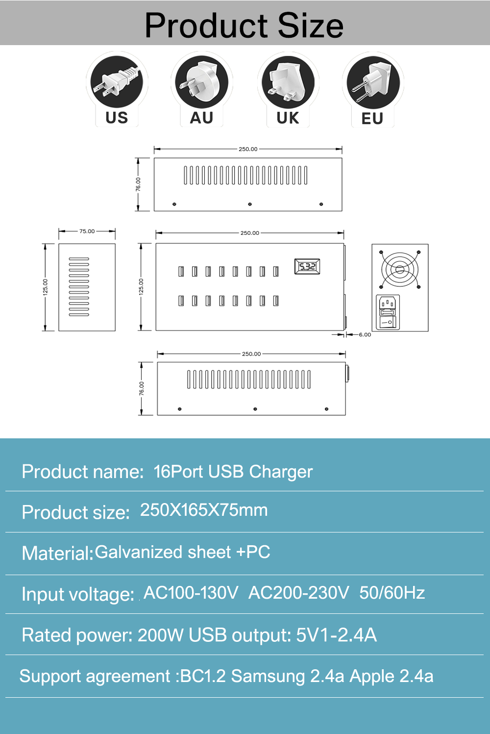 Dimensions and specifications of the 16-port smart USB charger