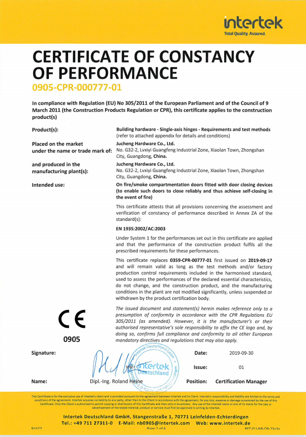 CERTIFICATE OF CONSTANCY OF PERFORMANCE