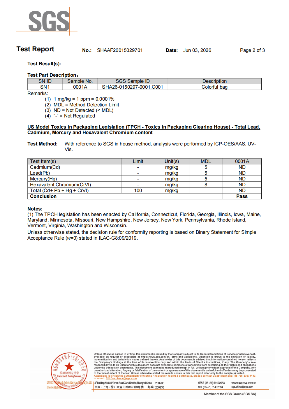 TPCH Heavy Metals Test Report for Packaging