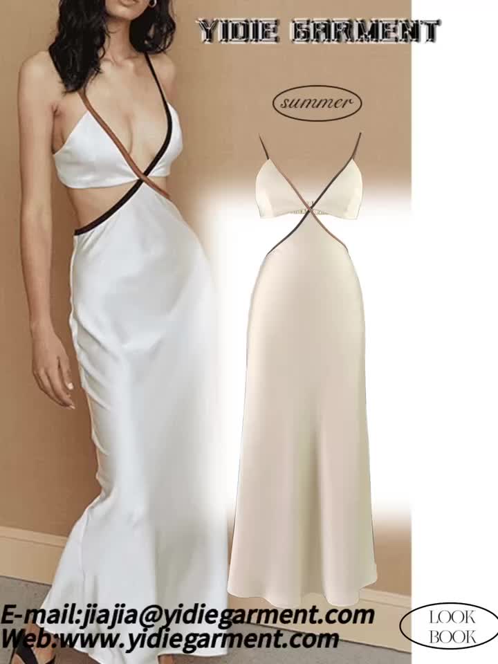 Plunge Neckline Binding White Midi Dress