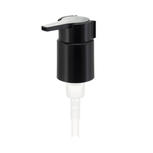 Distribuidor de loção com bico longo e liso preto com rotação de 360 ​​graus 24/410 com clipe brilhante