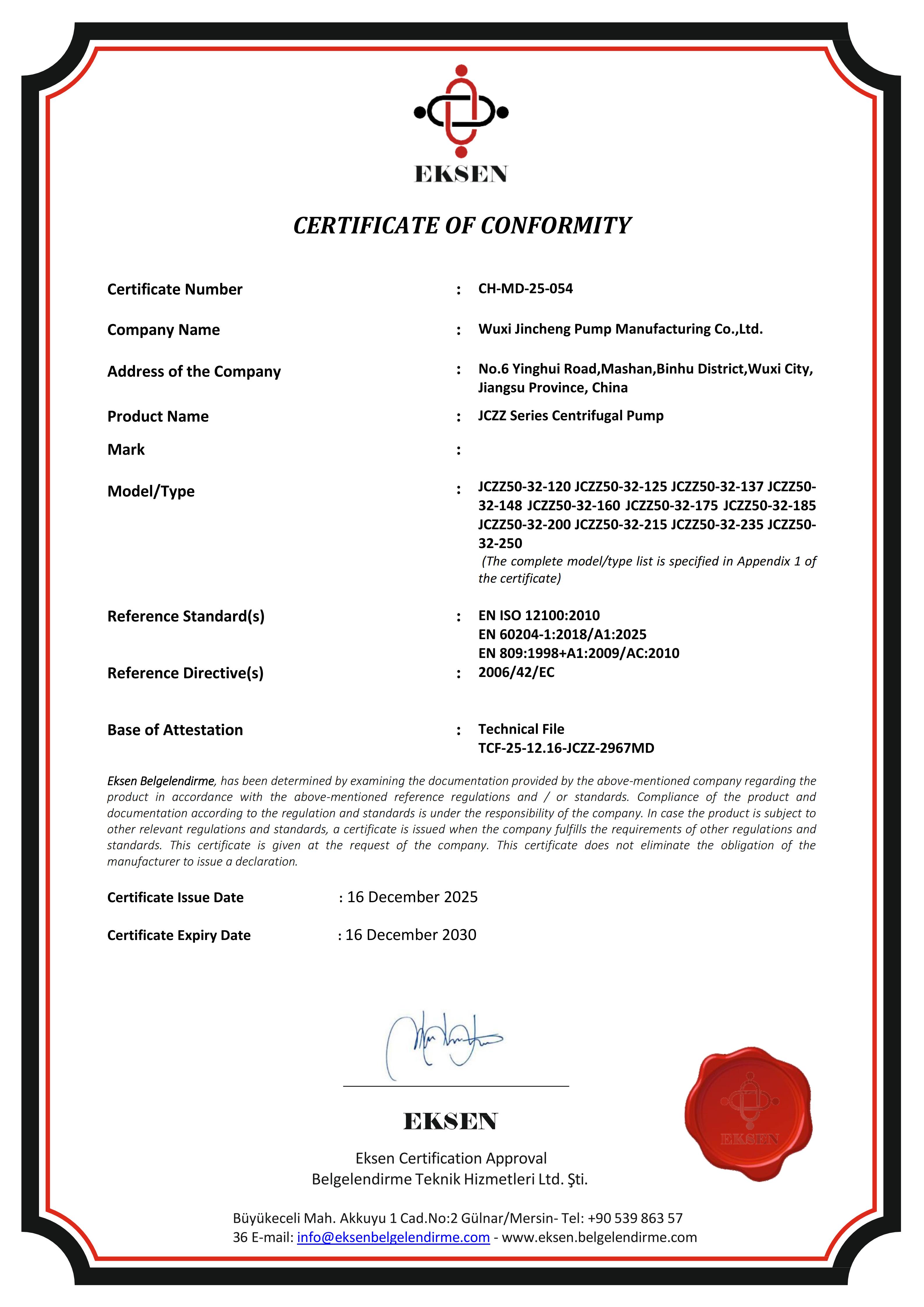 CERTIFICATE OF CONFORMITY