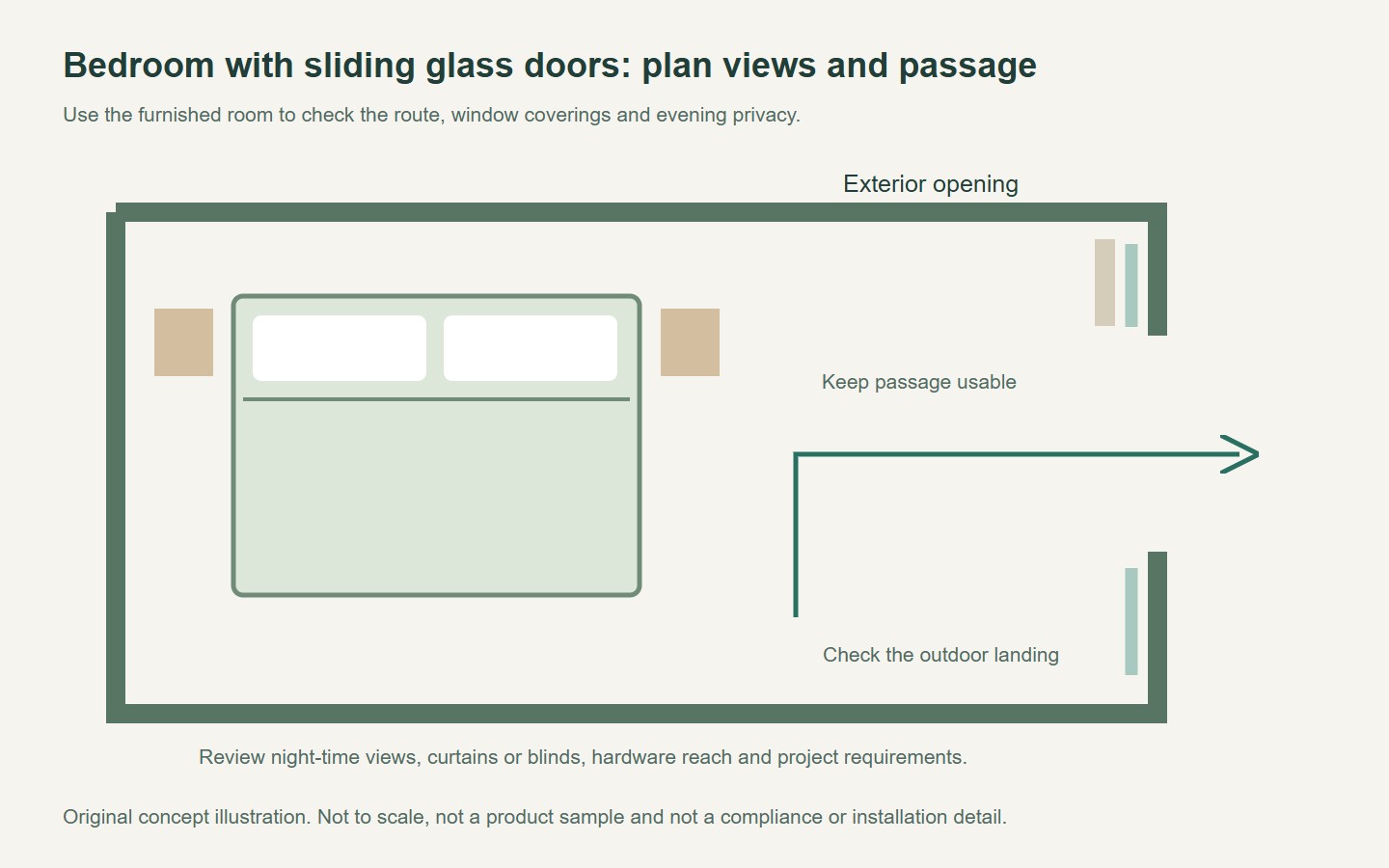 Original bedroom plan showing the route between the bed and an exterior glazed opening