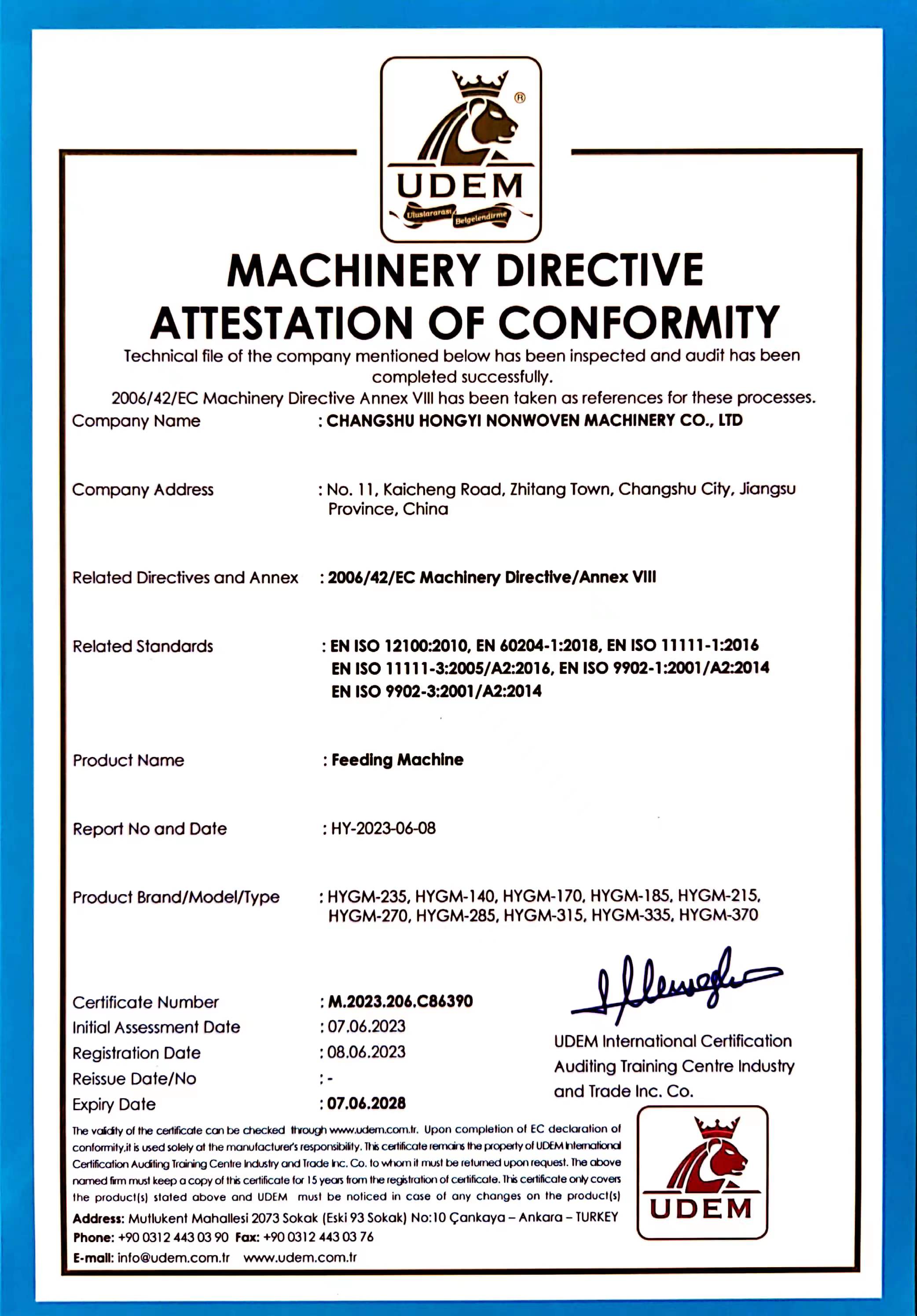 Machinery Directive Attestation of Conformity