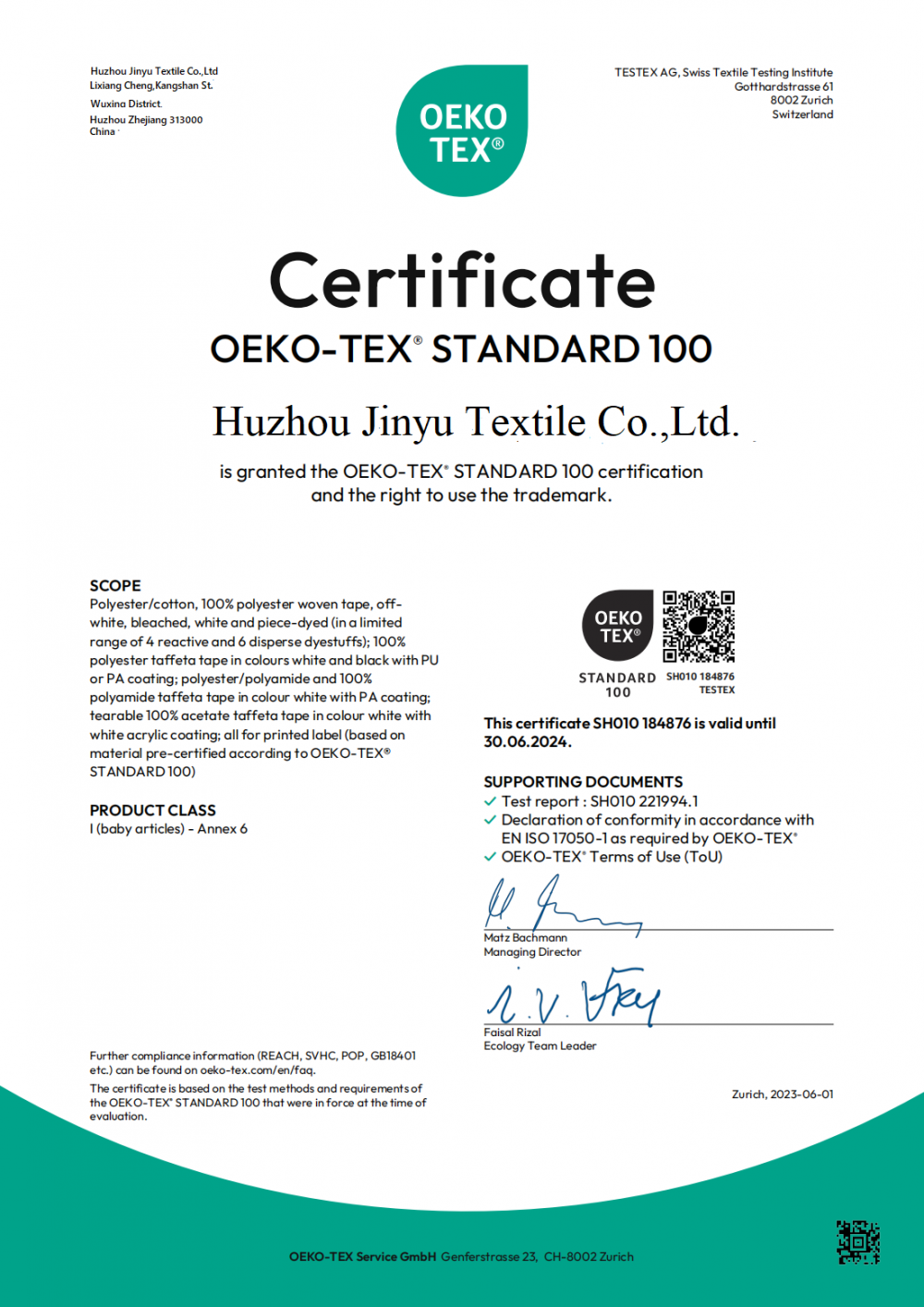 OEKO-TEX CERTIFICATE