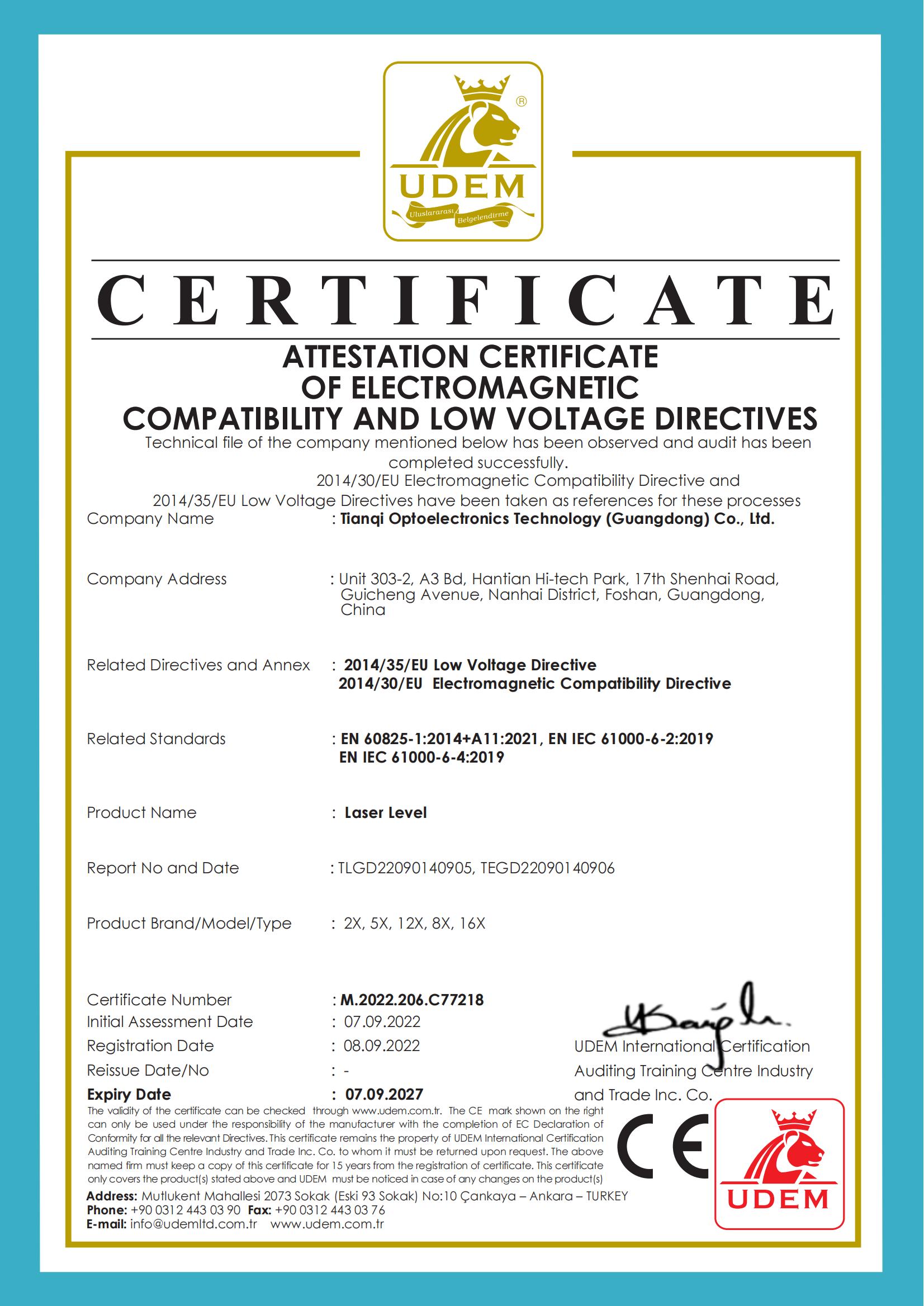 ATTESTATION CERTIFICATE OF ELECTROMAGNETIC COMPATIBILITY AND LOW VOLTAGE DIRECTIVES