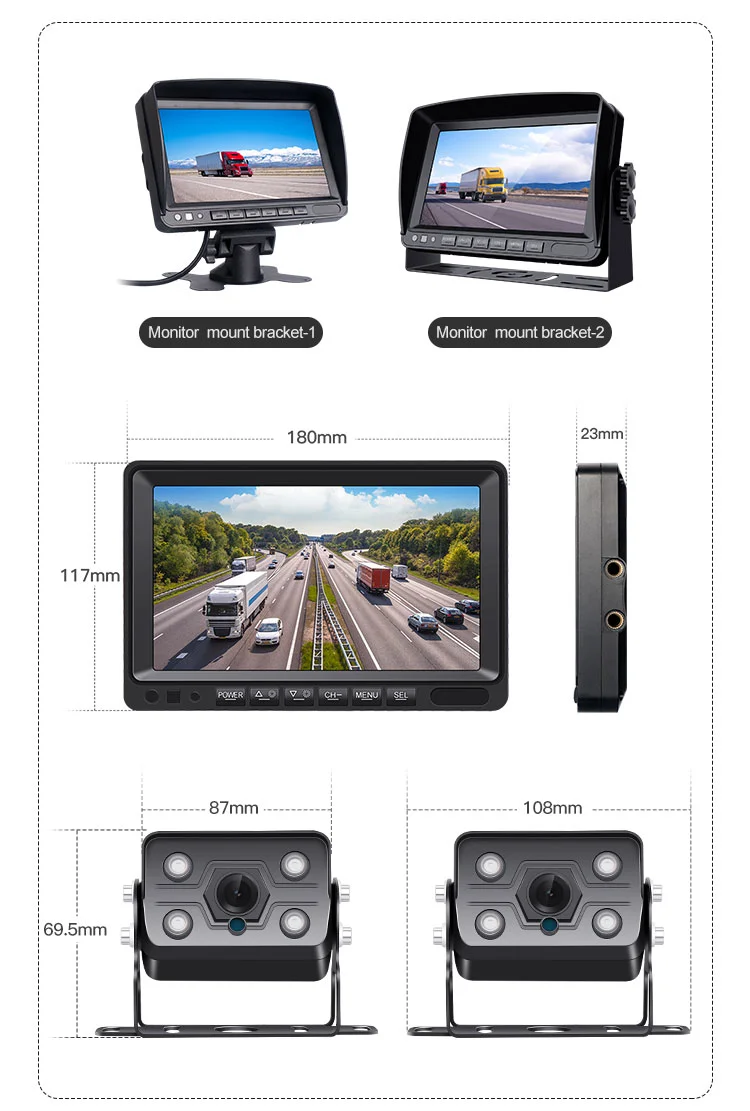 Monitor con cable de 7 pulgadas, sistema de cámara de respaldo con cable, vista trasera, cámara de pautas de estacionamiento