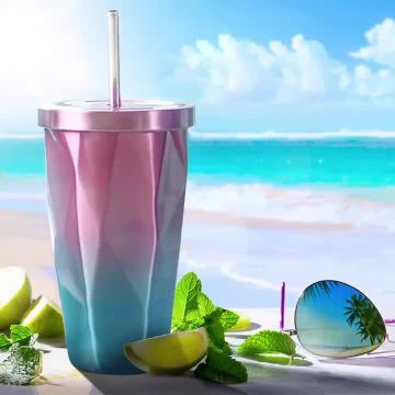 Stainless steel rhombus cup with straw