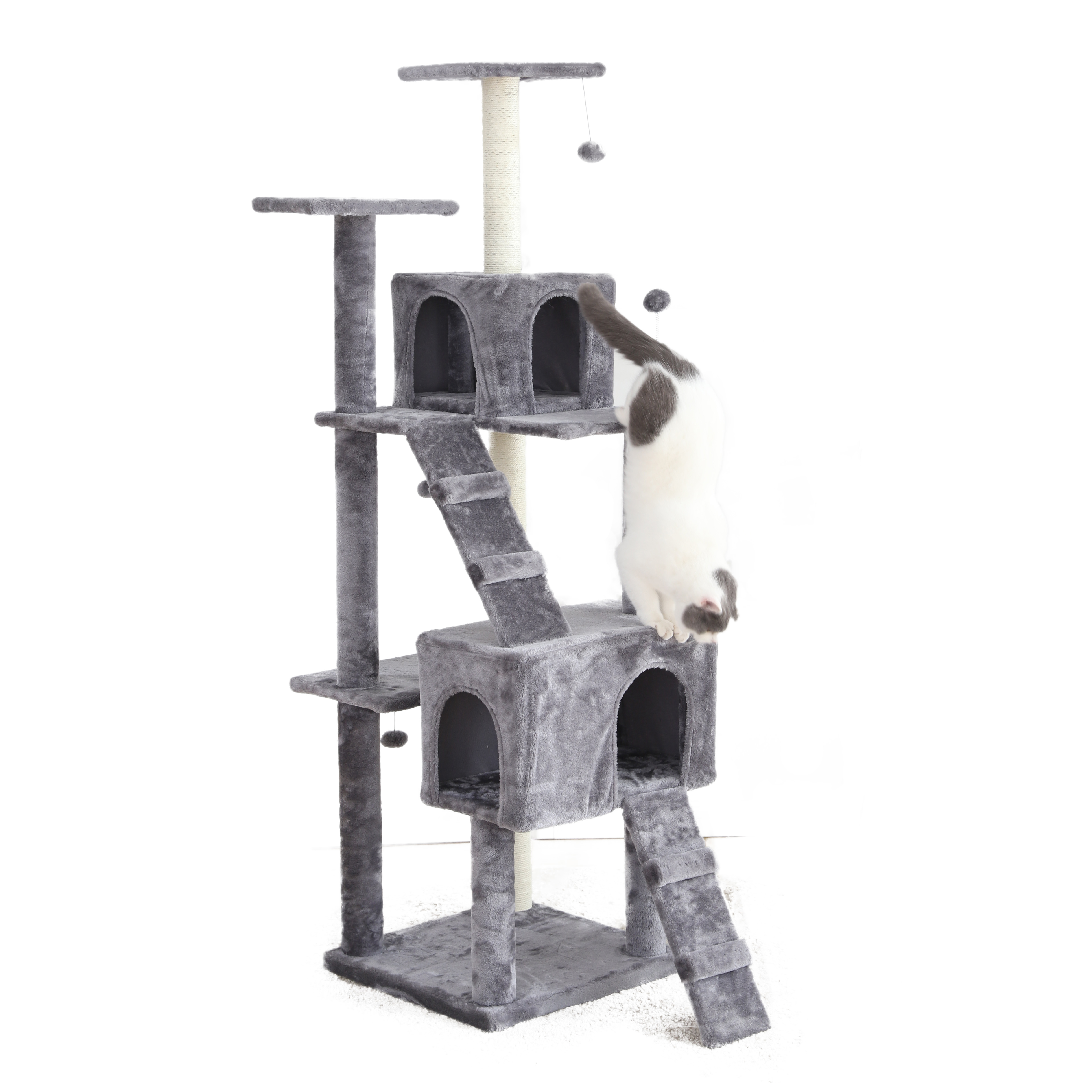 Grey Elegant Plush Kitten Wooden Houses Entertainment Scratching Post Tower Platform Cat Tree1