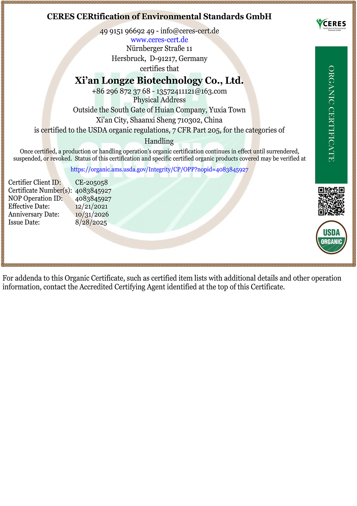 NOP Organic Certificate