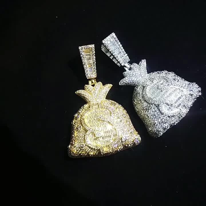 Hot Sale Hip Hop Gold Plated Dollar Purse Necklace Men's Micro Inlay Cubic Zirconia Iced Out Dollar Money Bag Pendant Necklaces1