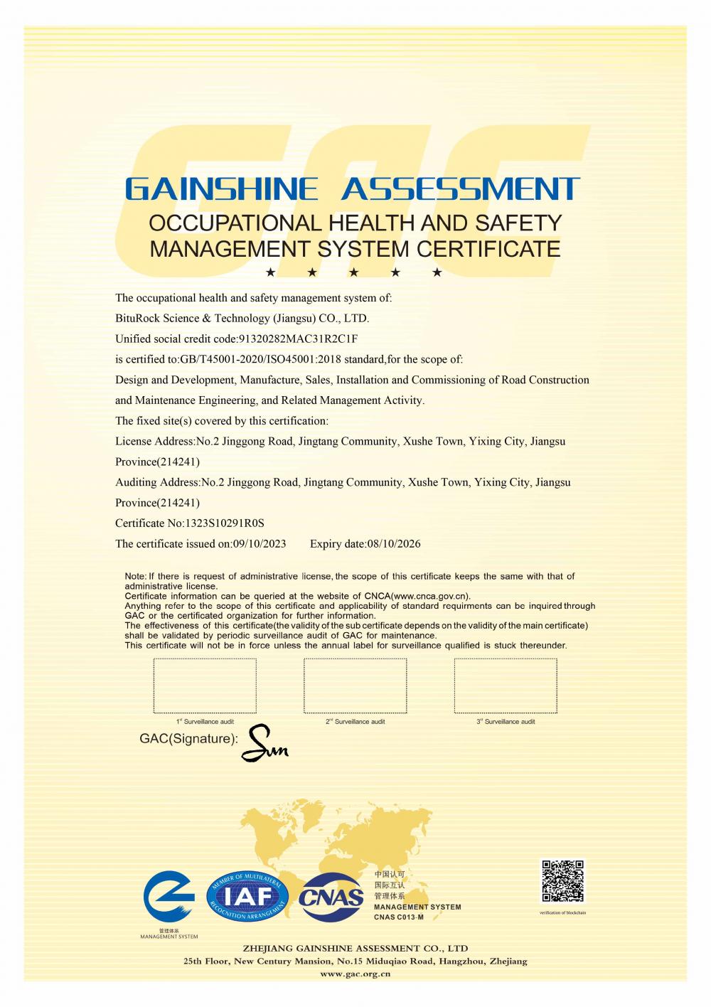 OCCUPATIONAL HEALTH AND SAFETYMANAGEMENT SYSTEM CERTIFICATE