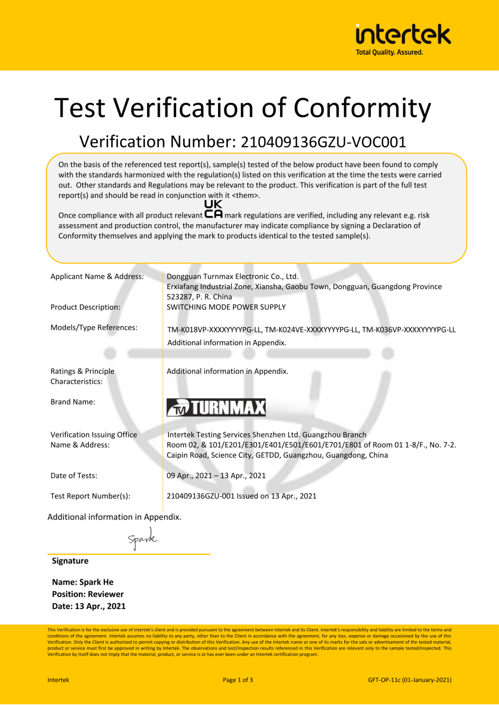 Test Verification of Conformity