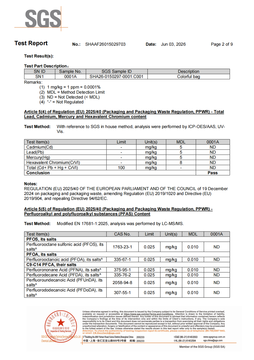 EU PPWR Test Report (Heavy Metals & PFAS)