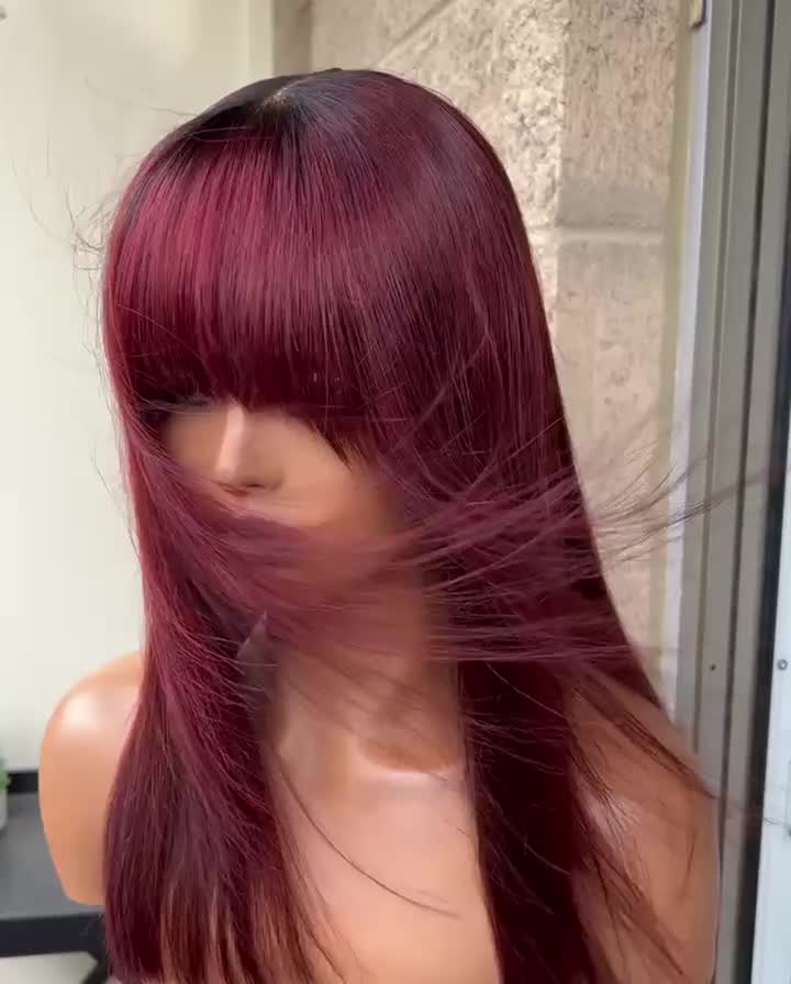 Peluca burdeos pelucas de cabello humano con flequillo brasil