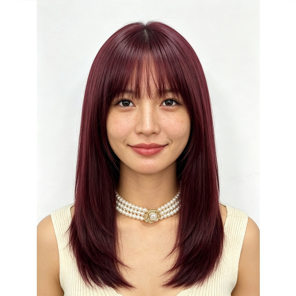 New Burgundy Layered Straight Synthetic Wig with Air Bangs Launched for Daily Cosmetic & Salon Hairstyle Matching