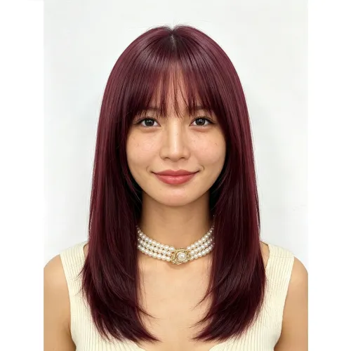 New Burgundy Layered Straight Synthetic Wig with Air Bangs Launched for Daily Cosmetic & Salon Hairstyle Matching