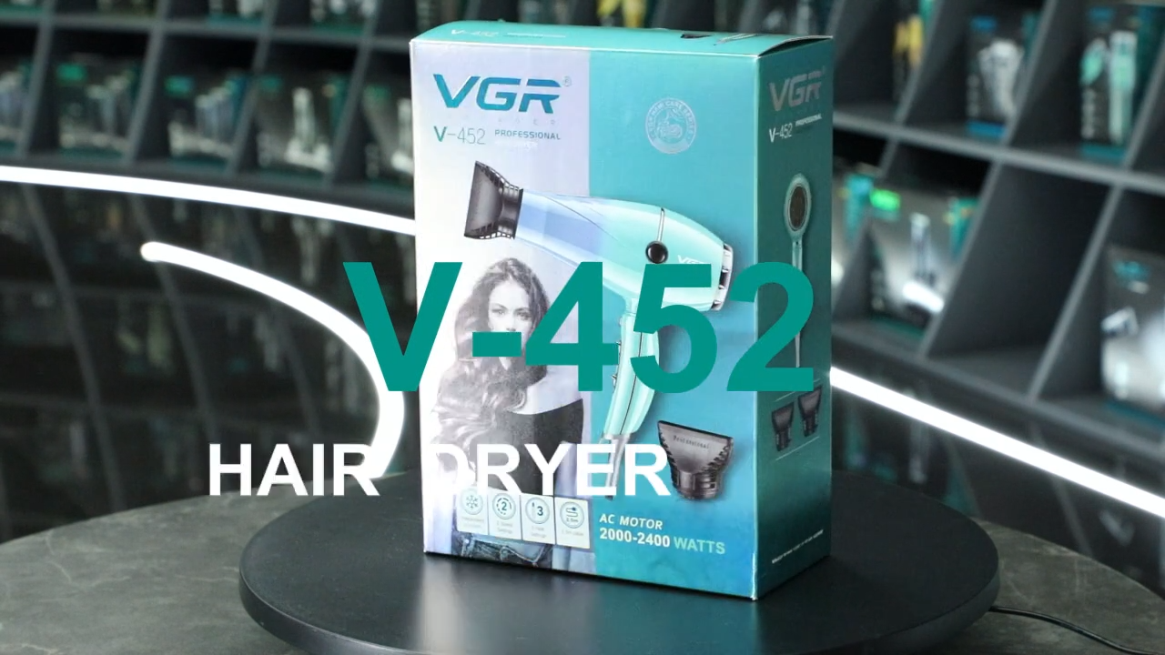 VGR V-452 2000-2400W AC มอเตอร์ความเร็วสูงเครื่องเป่าผมไฟฟ้ามืออาชีพเครื่องเป่าผมด้วยหัวฉีดขนาด 1