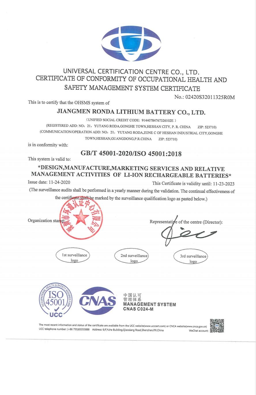 Certificate of Conformity of Occupational Health and Safety Management System Certifiate