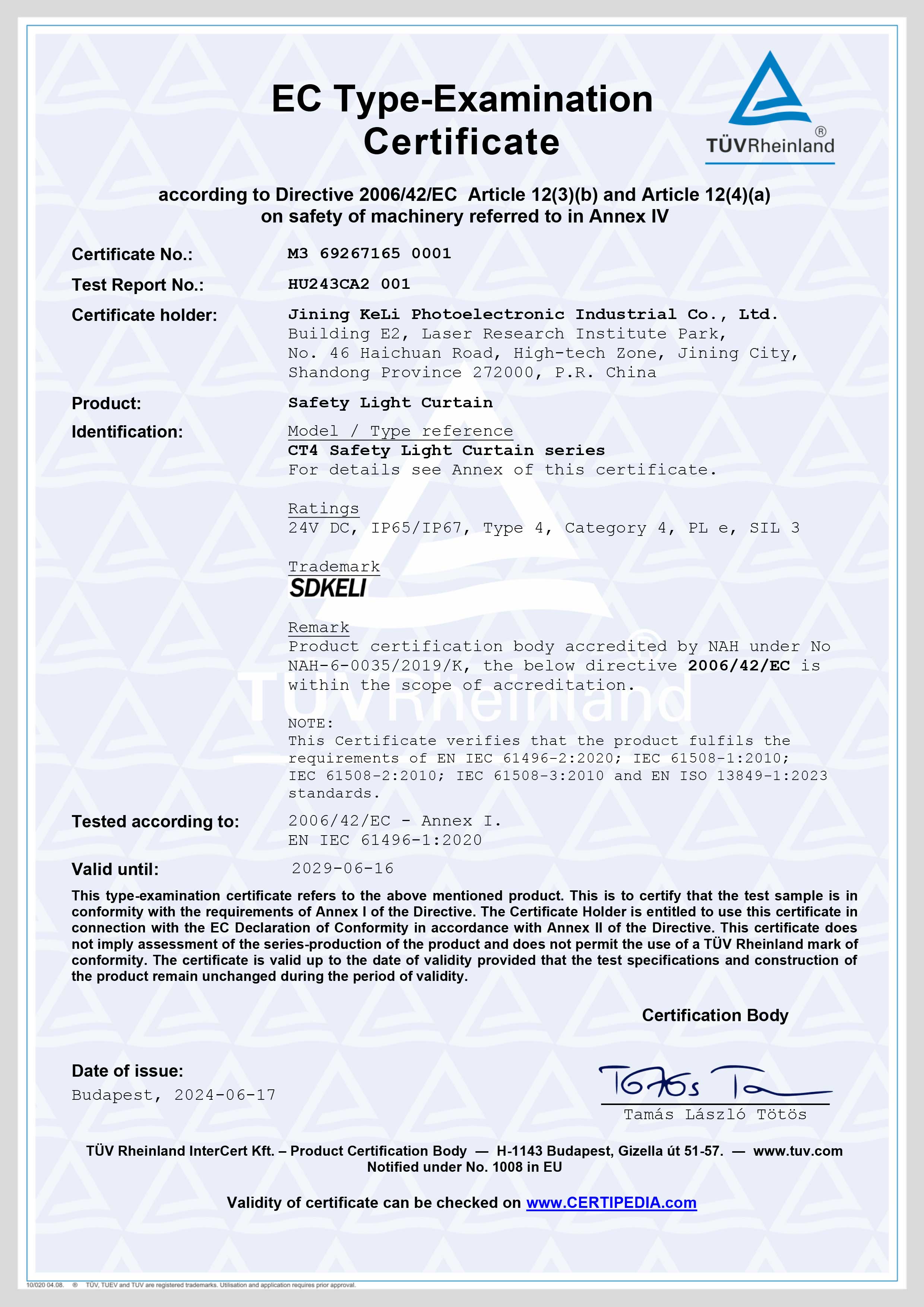 CT4 safety light curtain EC Type-Examination Certificate-MD