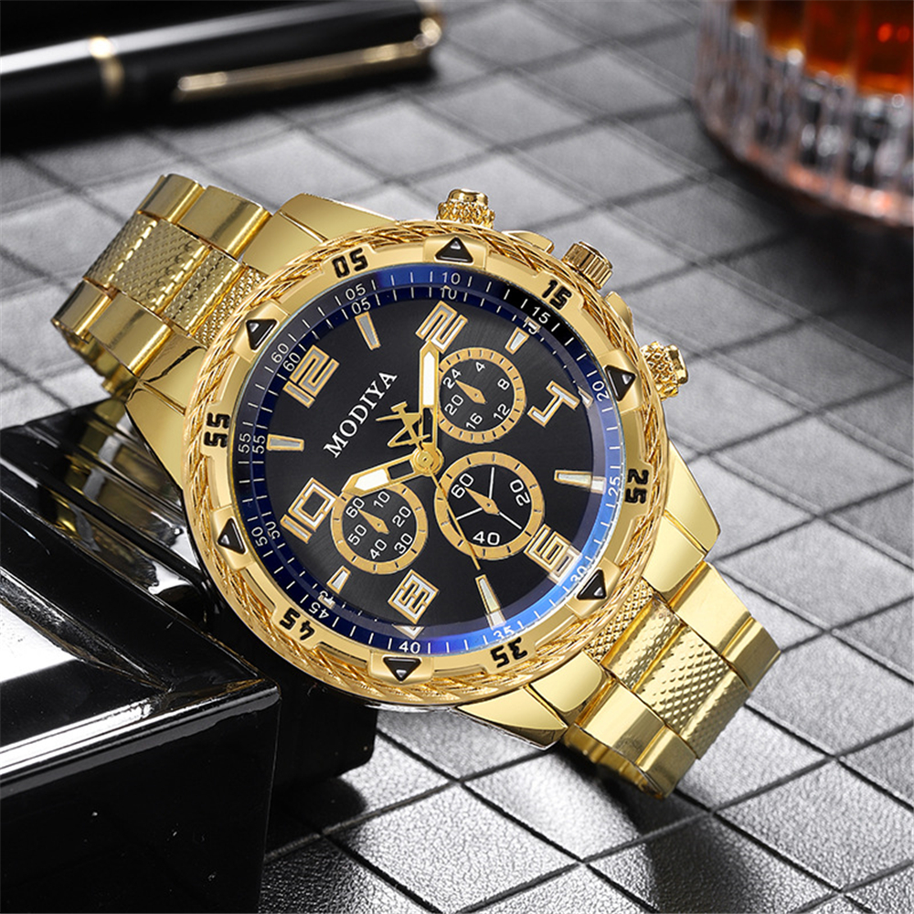 Men S Gold Three Eyes Quartz Stainless Steel Watch