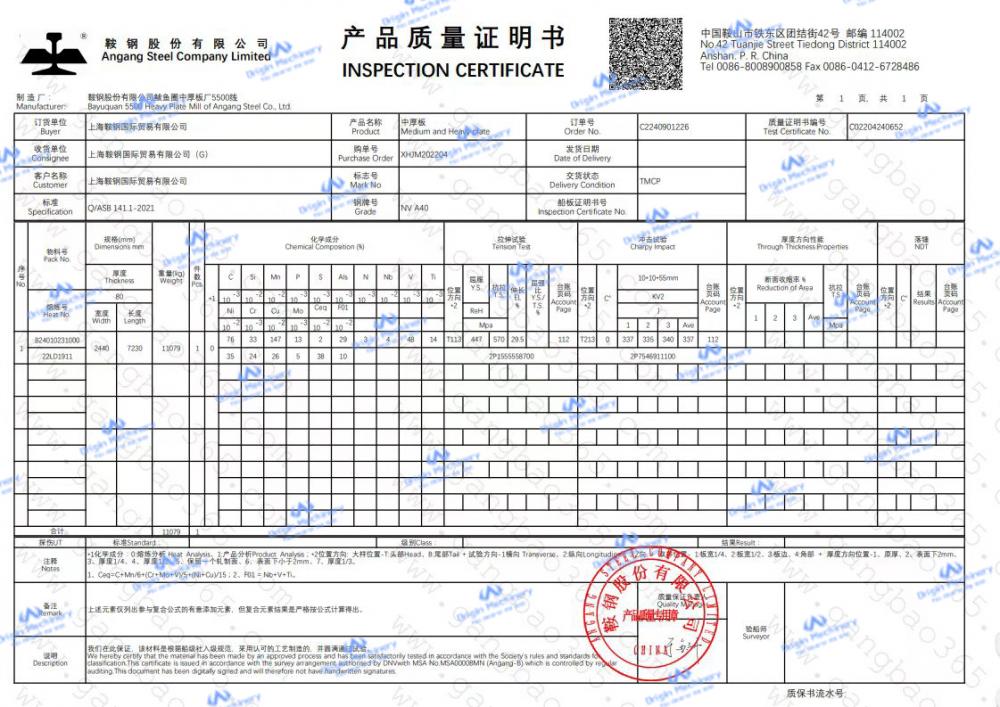 INSPECTION CERTIFICATE