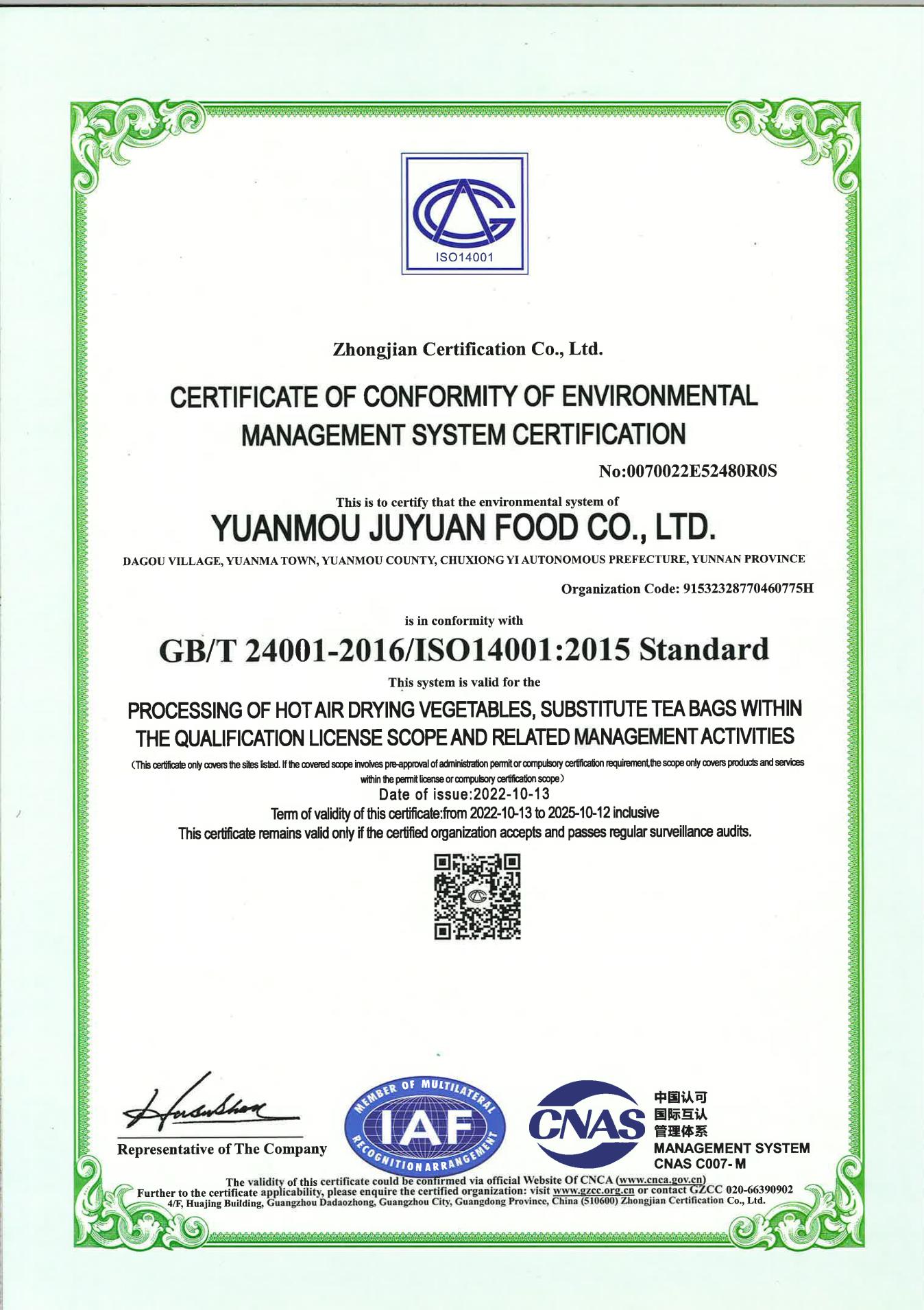 Environmental Management System Certificate - Chinese Version 1