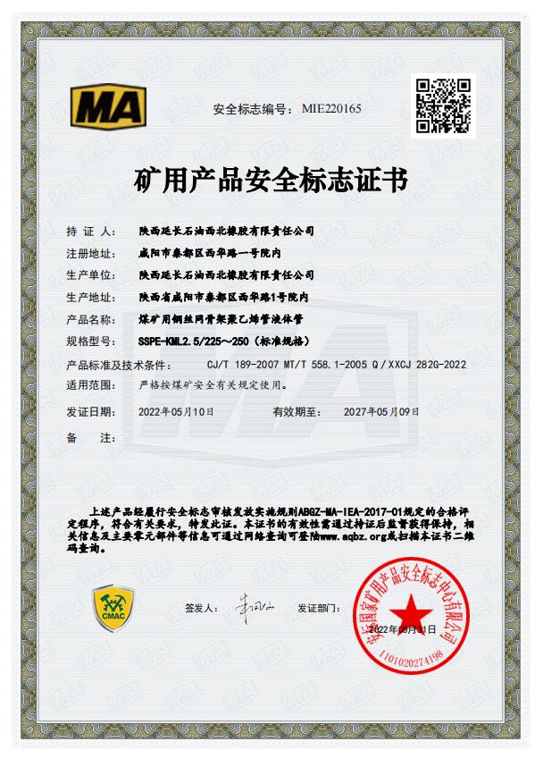 Safety mark certificate for mining products