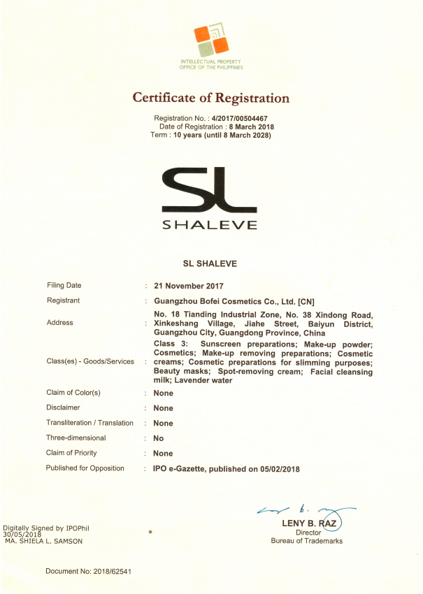 Trademark registration certificate