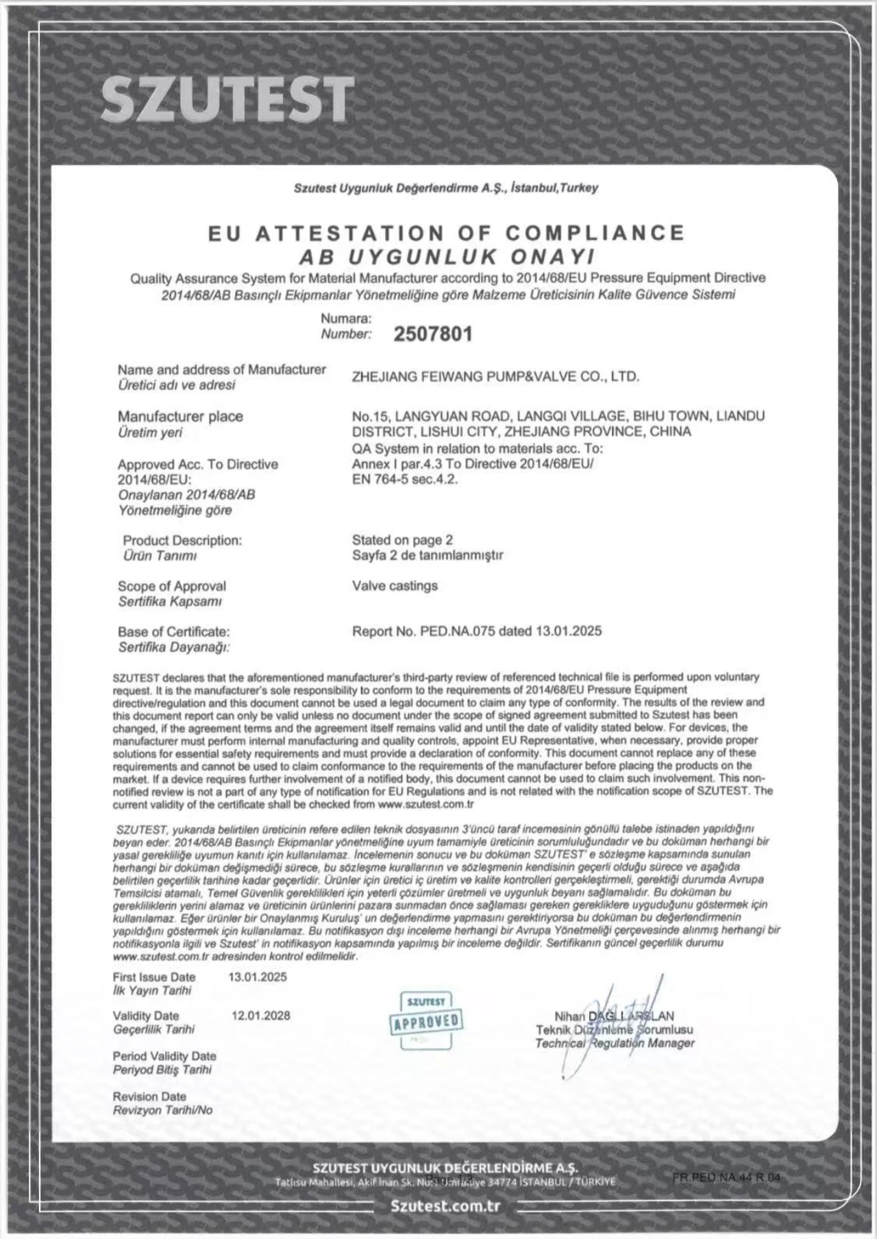 EU ATTESTATION OF COMPLIANCE AB UYGUNLUK ONAYI