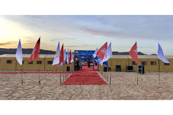 Modular tent manufacturing facility overview showing inflatable tent production lines