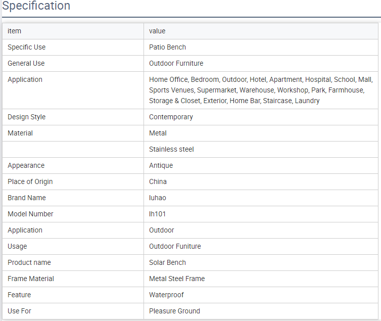 Solar Bench Specification