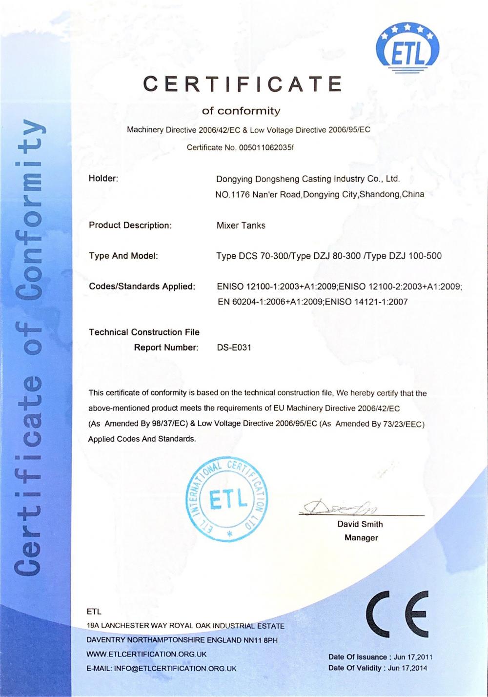 CE certification of Mixer tanks