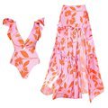 2024 New V-neck Orange Leaf Printed One Piece Beachwear Bathing Suit - Women's Swimsuit and Skirt Set1