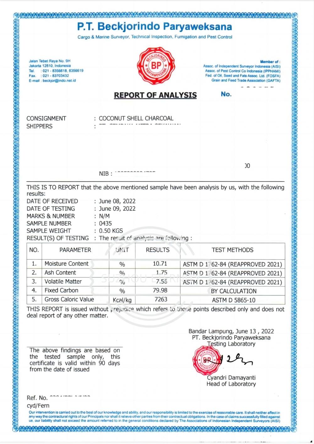 Coconut Shell Charcoal Test Report - Indonesian Resource