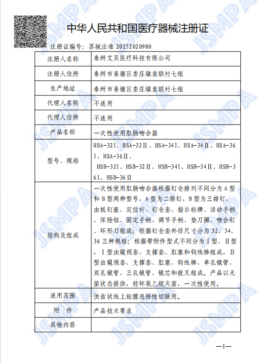 Medical Device Registration Certificate of the People's Republic of China