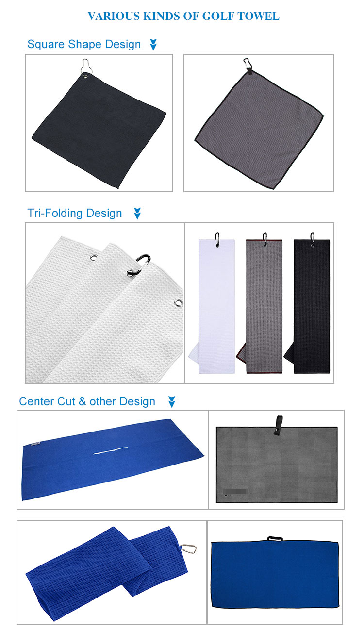 Tri-fold embroidery sublimation custom logo golf towels waffle microfiber sports golf towel