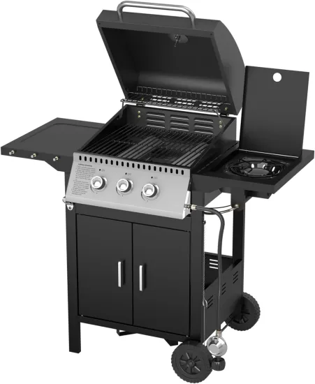 3-Burner Propane Gas Grill with Side Burner - Cabinet Style Outdoor BBQ for Grilling