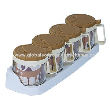Glass Condiment Set, 300mL x 4 Bottles, Made of Soda Lime Glass and PP, 4 Bottles and Spoons
