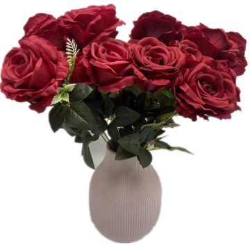2024 New Silk Burgundy Rose Artificial Flowers Bouquet - 9 Heads