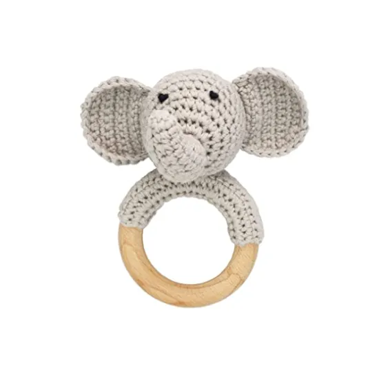 Handmade Wooden Teething Toy: Animal Bunny and Elephant Rattles & Quietsqueakers for Babies