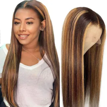 Piano 30 Inch Long Straight P4/27 Honey Blonde 13X4 Transparent Lace Highlighted Human Hair Wigs Highlight Body Wave Hair Wig