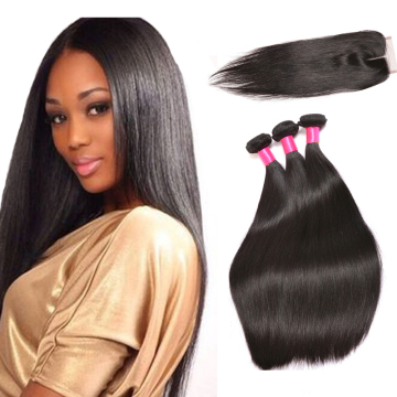 Silky Straight Bundles With Closure Brazilian Hair Weave Bundles With Lace Frontal 13*4 Remy Human Hair Extension