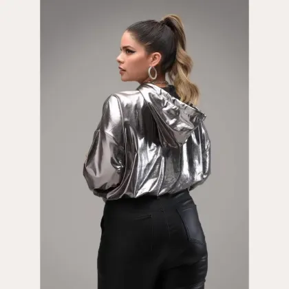 Womens Shinning Silver Coated Sweatshirts Pullover Hoodies