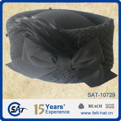 high quality pure wool felt pillbox hat with bowtie