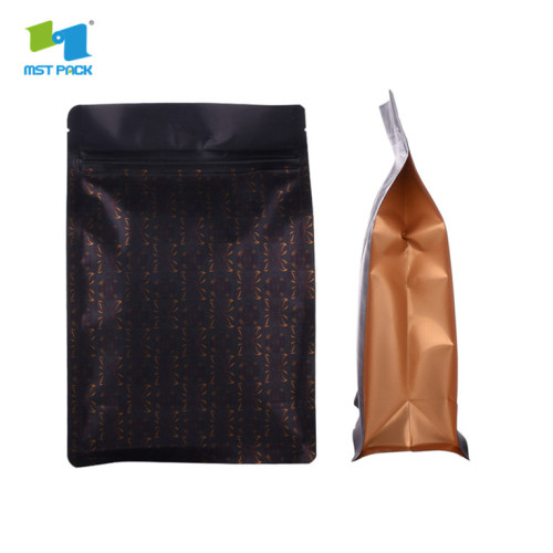 Bolsa de café ziplock con fuelle lateral negro mate