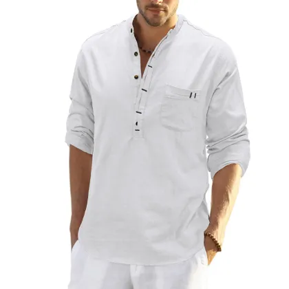 New Stand Up Collar Long Sleeved Cotton and Linen Men's Shirt