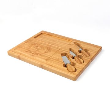 Bamboo Cheese Serving Platter with Hard Cheese Fork, Knife, and Spreader Set
